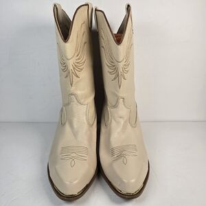 Dingo Women's Vintage Cream Western Cowboy Boots Size 12 Stacked Heel Gold Trim